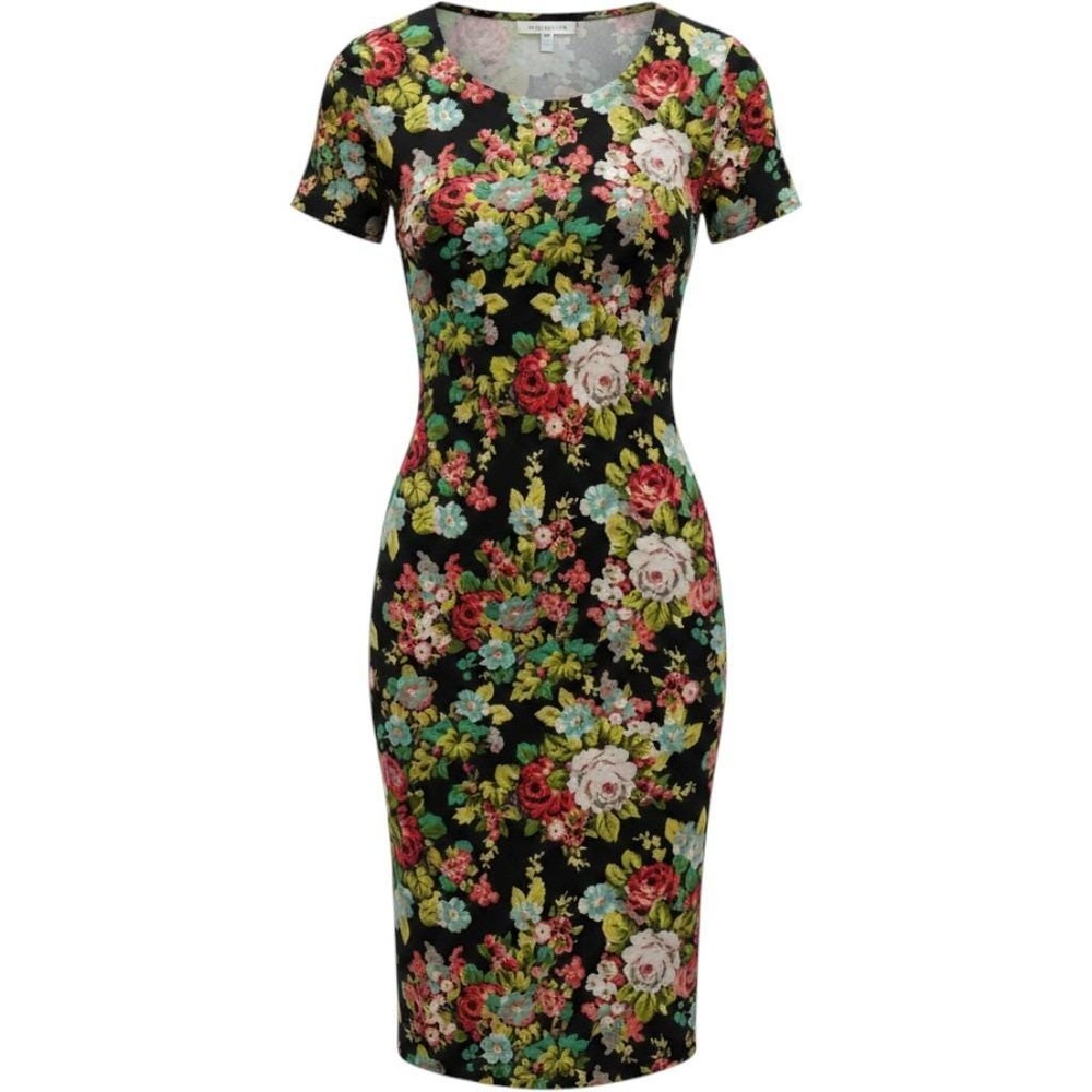 French Atmosphere Stretch Black Floral Bodycon Midi Dress Vintage 90s XL Grunge
